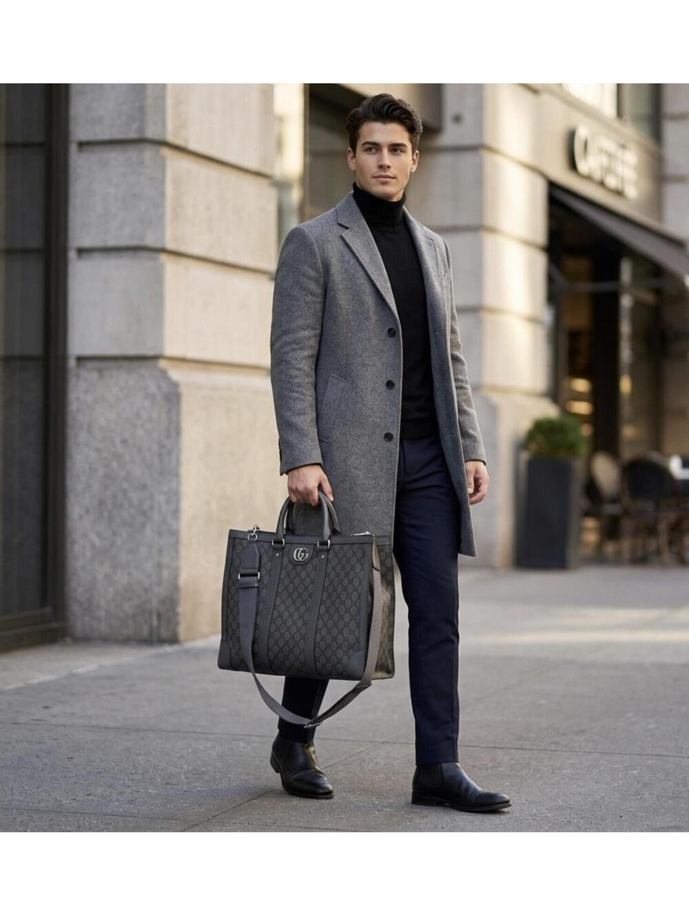 Gucci GG Supreme Monogram Tote Bag With Web Strap Gray Black - Picture 2 of 14